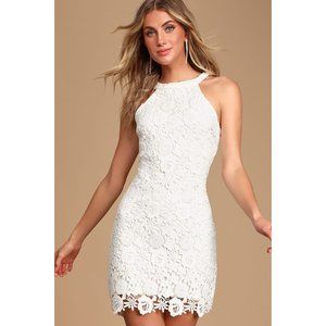 LULU'S Love Poem Crochet Lace Halter Sleeveless Bridal Mini Dress Size XL White